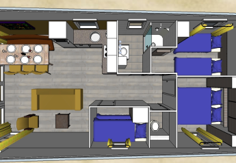 Vista dall’alto della disposizione Comfort Lodge con camere, bagno, cucina e sala da pranzo a Kompas Camping Nieuwpoort.