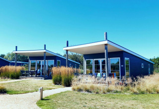 Twee moderne lodges met platte daken en grote ramen, omgeven door hoog gras en een stralend blauwe lucht.