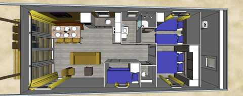 Bovenaanzicht van Comfort Lodge plattegrond bij Kompas Camping Westende, België, met slaapkamers en keuken.