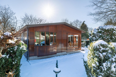 Veluwe lodge innevato al Bungalowpark Het Verscholen Dorp, Paesi Bassi, circondato da alberi invernali.
