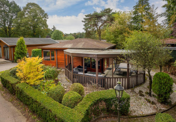 Acogedora Veluwe lodge en Bungalowpark Het Verscholen Dorp, Países Bajos, rodeada de vegetación y árboles.