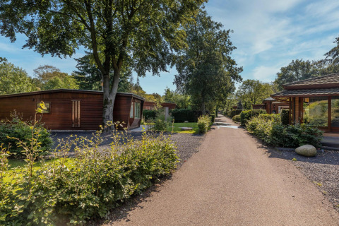 Kleine houten huisjes tussen het groen in Bungalowpark Het Verscholen Dorp in Nederland.