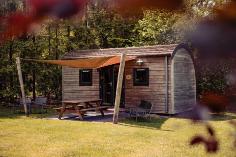Woodlodge-hut met buitenzitje en picknicktafel bij Camping de Noetselerberg in Nederland, omringd door groen.