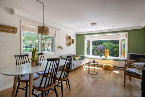 Bright, modern living room at Heide lodge in Bungalowpark Het Verscholen Dorp, Netherlands, with large windows.