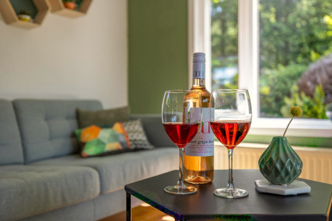 Salon chaleureux à Heide Lodge avec canapé, coussin coloré, bouteille de vin et deux verres sur la table.