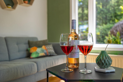 Sala moderna en Heide Lodge con sofá, cojines coloridos, botella de vino y dos copas en la mesa.
