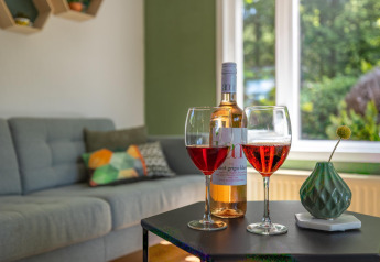 Cozy living room at Heide Lodge with sofa, geometric pillow, wine bottle, and two glasses on a table.