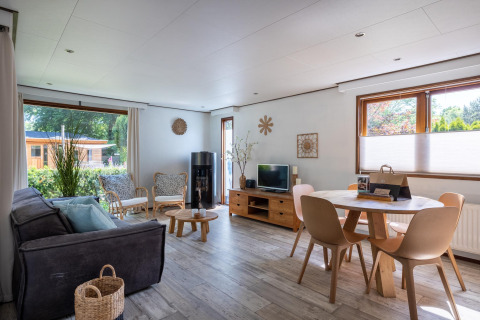 Bright and cozy living area in Heide lodge at Bungalowpark Het Verscholen Dorp, Netherlands, with modern decor.