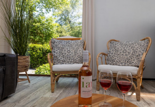 Gemütlicher Lounge-Bereich in der Heide Lodge im Bungalowpark Het Verscholen Dorp mit Gartenblick.