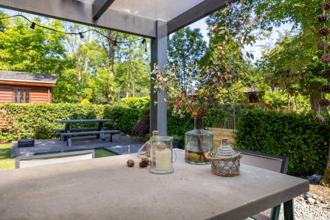 Terrasse ved Heide lodge i Bungalowpark Het Verscholen Dorp, Holland, med borddekoration og grøn udsigt.