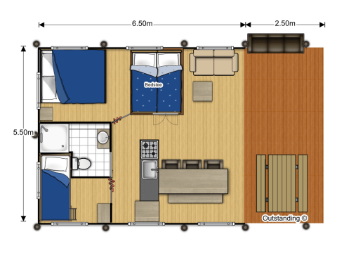 Plattegrond safaritent in Holiday Park Gelloo met 2 slaapkamers, badkamer, keuken en ruime veranda.