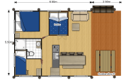 Planimetria tenda safari al Holiday Park Gelloo con due camere, bagno, cucina e terrazza spaziosa.
