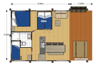 Plan d'une tente safari au Holiday Park Gelloo avec deux chambres, salle de bain, cuisine et terrasse.