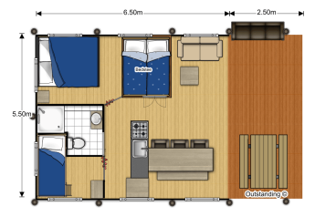 Floor plan of a safari tent at Holiday Park Gelloo featuring two bedrooms, bathroom, kitchen and terrace.