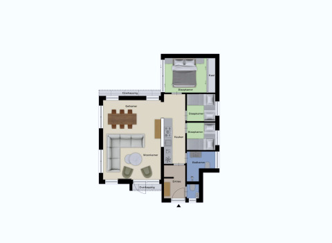 Plan de la Z Module Wellness lodge à Résidence Valkenburg, avec salon, cuisine et trois chambres illustrés.
