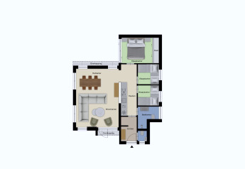 Plattegrond van de Z Module Wellness lodge bij Résidence Valkenburg, met woonkamer, keuken en drie slaapkamers.