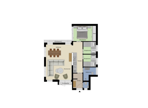 Plantegning af Z Module Wellness lodge ved Résidence Valkenburg, viser stue, køkken og tre soveværelser.
