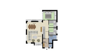 Floor plan of Z Module Wellness lodge at Résidence Valkenburg, showing living room, kitchen and three bedrooms.