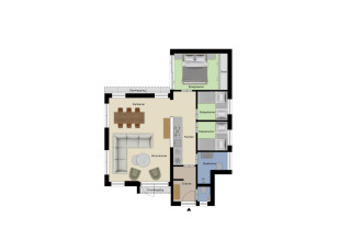 Plantegning af Z Module Wellness lodge ved Résidence Valkenburg, viser stue, køkken og tre soveværelser.