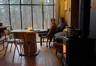Gezellige hut in het Limburgse bos met houtkachel, grote ramen, een vrouw en haar hond binnen.