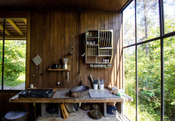 Rustic cabin kitchen with wooden walls, large windows, open shelving, and lush greenery outside view.