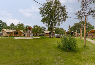 Tentes safari à Dune Lodge, Sandberghe, Pays-Bas, avec aire de jeux, pelouse et ambiance chaleureuse.