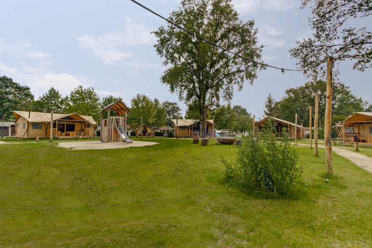 Tiendas safari en Dune Lodge, Sandberghe, Países Bajos, con área de juegos, césped y ambiente acogedor.