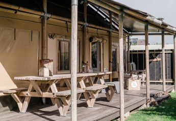 Terrasse en bois avec tables de pique-nique à Beach Lodge Big, Duynpark Het Zwanenwater, Pays-Bas.