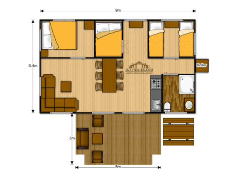 Plan d'une tente safari nommée Dune Lodge à Sandberghe aux Pays-Bas, comprenant trois chambres.