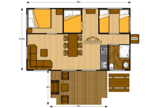 Plano de una tienda safari llamada Dune Lodge en Sandberghe, Países Bajos, con tres habitaciones visibles.