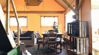 Innenansicht eines Glamping-Zeltes mit Holzmöbeln, Sofa, Esstisch, Teppich und sonnigem Licht.