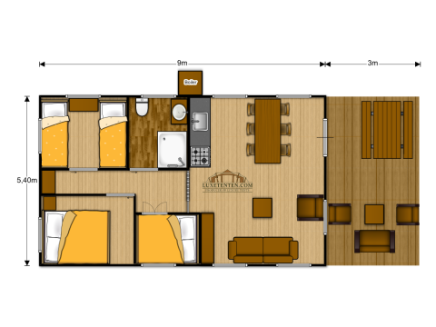 Plano de la tienda safari Forest Lodge en Sandberghe, Países Bajos, con dormitorios, baño, cocina y terraza.