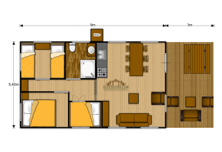Plantegning af Forest Lodge safari-telt på Sandberghe i Holland med soveværelser, bad, køkken og terrasse.