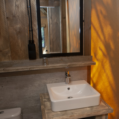 Lavabo y espejo del baño en la tienda safari Forest Lodge Junior de Sandberghe, Países Bajos.