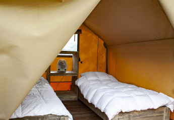 Indvendig udsigt til safari-teltet Forest Lodge Junior på Sandberghe, med to senge og trægulv.