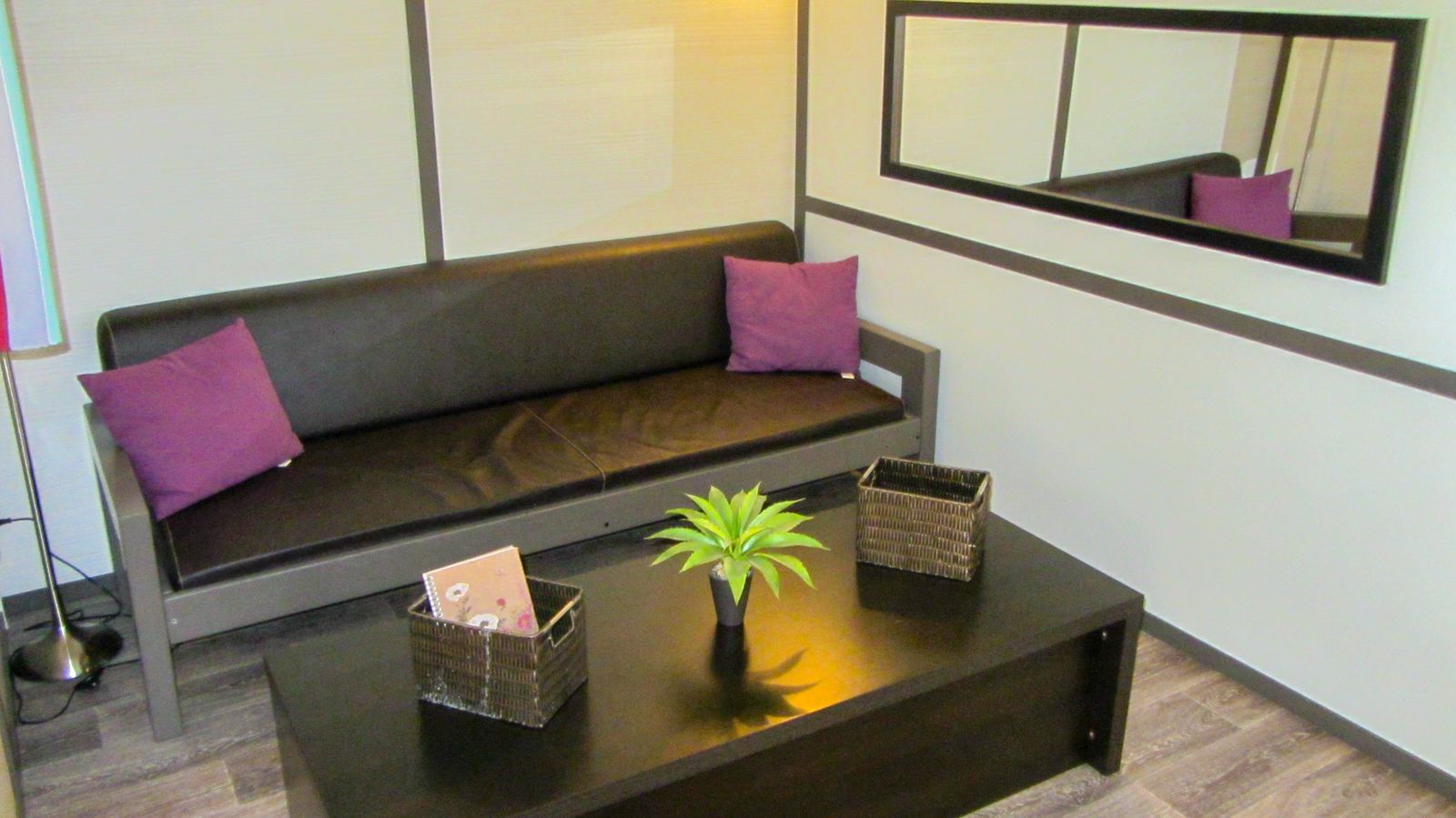 Gezellige lodge lounge met een bruine bank, paarse kussens, zwarte tafel, plant en grote wandspiegel.