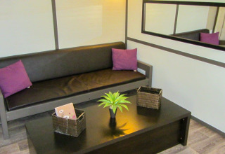 Acogedora sala de lodge con sofá marrón, cojines morados, mesa negra, planta y gran espejo de pared.