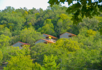 Chalets van Chalet Belvedere in La Draille, Frankrijk, sfeervol gelegen tegen een groene bosrijke heuvel.