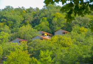 Chalets de Chalet Belvedere en La Draille, Francia, situados en una colina verde rodeada de árboles frondosos.