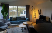 Salon moderne dans la cabane Comfort à EuroParcs Noordwijkse Duinen, avec grande baie vitrée et canapé bleu.