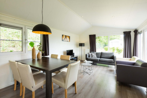 Lys og moderne stue i en Comfort-hytte på EuroParcs Noordwijkse Duinen, Nederlandene, med store vinduer.