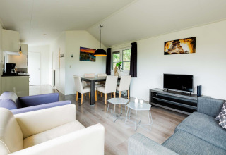 Moderne woonkamer in een Comfort cabin bij EuroParcs Noordwijkse Duinen met eetruimte en kitchenette.