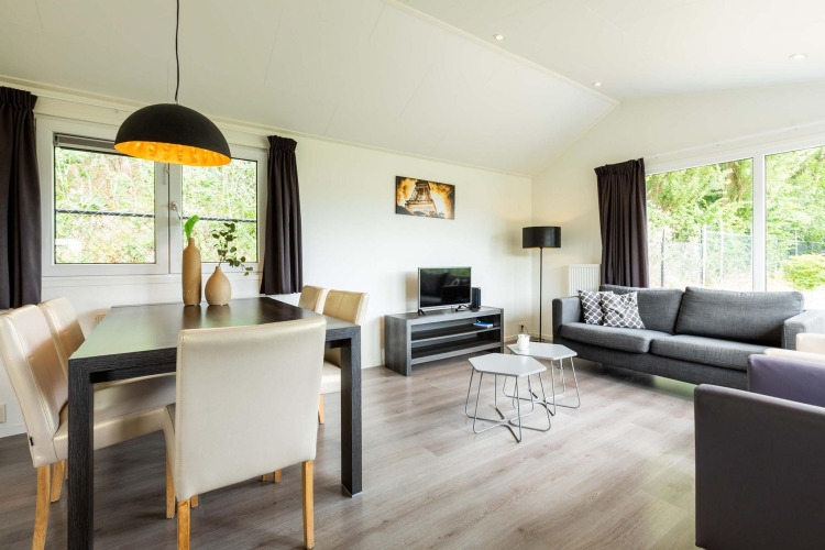 Salón y comedor moderno en una cabaña Comfort de EuroParcs Noordwijkse Duinen, Países Bajos, con decoración elegante.