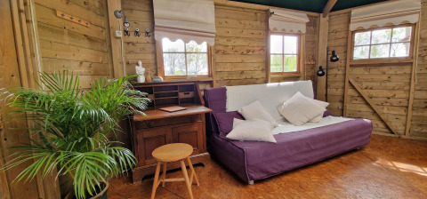 Acogedora sala en Writers hut en Zomerlicht, Países Bajos, con sofá, escritorio, planta y paredes de madera.