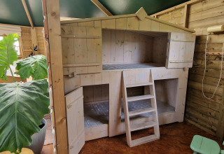 Interior de una pequeña casa de madera con cama elevada, mesa de comedor, hojas grandes y silla pequeña.