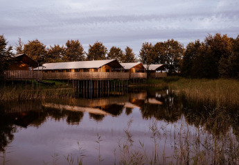 Hébergements de glamping sur pilotis au bord d’un lac paisible, entourés d’arbres sous un ciel nuageux.