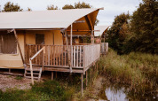 Komfortables Glamping-Zelt im Ferienpark Eigen Wijze in den Niederlanden, auf Stelzen am Wasser gelegen.