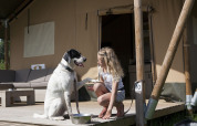 Girl playing with dog on the porch of a luxury safari tent at Holiday park De Boshoek in the Netherlands.