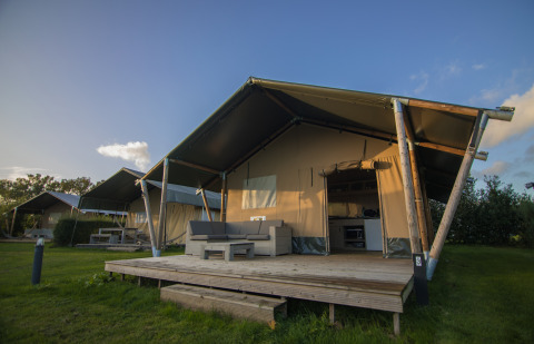 Safari-Zelt im Ferienpark De Boshoek, Niederlande, mit Holzterrasse und Sitzbereich bei schönem Wetter.