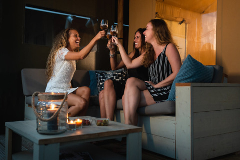 Three women clinking wine glasses and smiling on a cozy terrace at Safari House, De Boshoek, Netherlands.